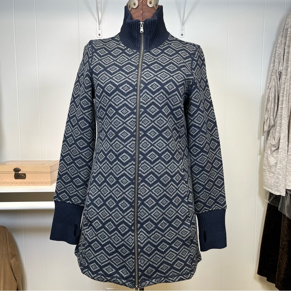 Dakini Geometric Wool Blend Longline Cardigan Sweater Jacket Thumb Holes Medium